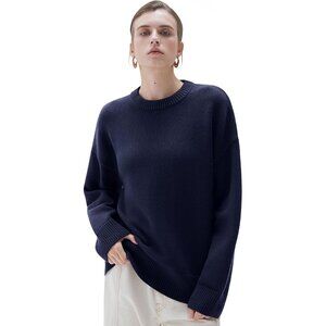 Women Cashmere Blend Oversized Crew Neck Navy Blue Soft Warm Pullover Sweater